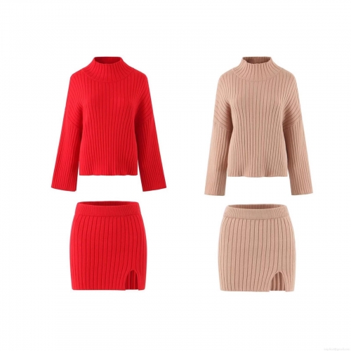 Women's Ribbed Knit Two Piece Skirt Set Turtleneck Long Sleeve Sweater And Side Split Mini Skirt Elegant Slim Fit Fall Winter Streetwear Outfits