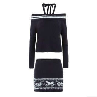 Women's 2-Piece Knit Set Halter Off-Shoulder Long Sleeve Sweater and Horse Pattern Mini Skirt Polyester Streetwear Outfits for Women