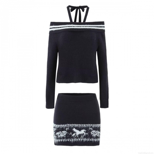 Women's 2-Piece Knit Set Halter Off-Shoulder Long Sleeve Sweater and Horse Pattern Mini Skirt Polyester Streetwear Outfits for Women
