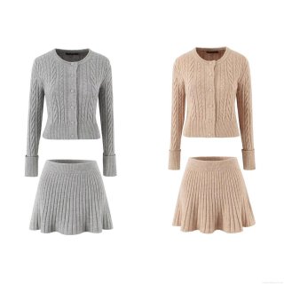 Women's Cable Knit Cardigan And Pleated Mini Skirt 2 Piece Set Knitted Long Sleeve Round Neck Button Down Casual Streetwear Outfit For Autumn Winter