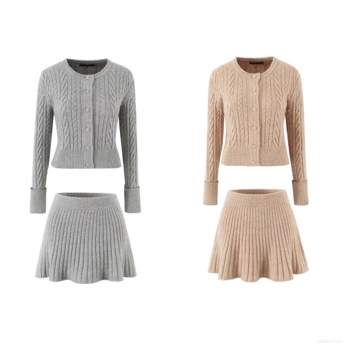 Women's Cable Knit Cardigan And Pleated Mini Skirt 2 Piece Set Knitted Long Sleeve Round Neck Button Down Casual Streetwear Outfit For Autumn Winter