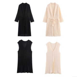 Women's Two-Piece Knit Set Elegant Waffle Knit Sleeveless Dress And Long Sleeve Belted Cardigan Outerwear Minimalist Streetwear Casual Co-ord Set