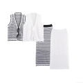 Women's Two Piece Knit Skirt Set Crochet Hollow Out Lace Up Vest Top And Striped Long Skirt Set 2025 Autumn European American Streetwear Co-ords