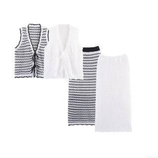 Women's Two Piece Knit Skirt Set Crochet Hollow Out Lace Up Vest Top And Striped Long Skirt Set 2025 Autumn European American Streetwear Co-ords
