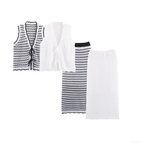 Women's Two Piece Knit Skirt Set Crochet Hollow Out Lace Up Vest Top And Striped Long Skirt Set 2025 Autumn European American Streetwear Co-ords