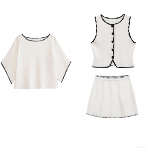 Women's 3 Piece Knit Set Contrast Scalloped Trim Vest Cardigan And Mini Skirt Casual Streetwear Slim Fit Knitwear Outfits For Women