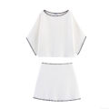 Women's Knit Skirt Set Two Piece Outfit Contrast Stitching Polyester Embroidery Long Sleeve Batwing Crop Top And A-Line Mini Skirt Casual Streetwear White
