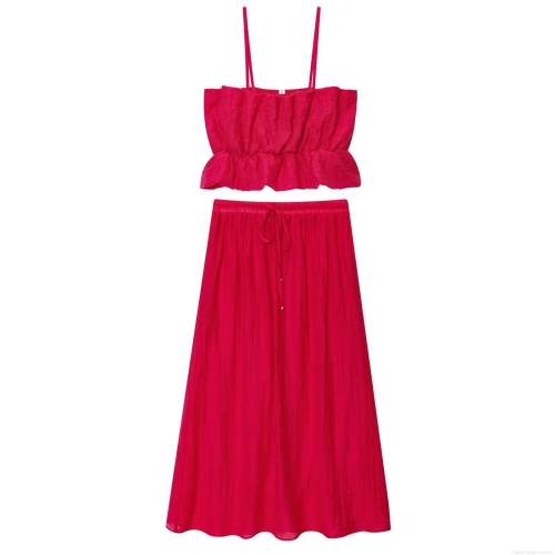 Women's Sexy Pleated 2 Piece Skirt Set Rose Red Spaghetti Strap Crop Top And Drawstring Midi Skirt Set Summer Beach Vacation Outfits Streetwear