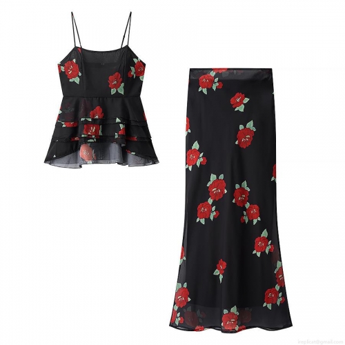 Women Floral Print 2 Piece Outfits Set Rose Chiffon Mesh Ruffle Cami Crop Top And High Waist A-Line Maxi Skirt Elegant Summer Beach Party Streetwear Set