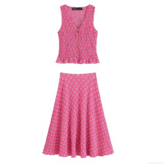 Women's V-Neck Floral Printed Vest And Midi Skirt Set Pink Smocked Elastic Two-Piece Outfit Streetwear Casual Sleeveless Top A-Line Skirt
