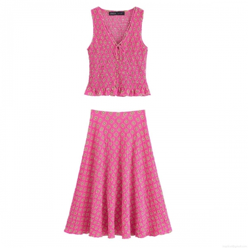 Women's V-Neck Floral Printed Vest And Midi Skirt Set Pink Smocked Elastic Two-Piece Outfit Streetwear Casual Sleeveless Top A-Line Skirt