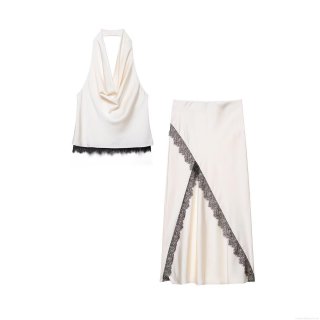 Women's Elegant Satin Halter Cowl Neck Top and Black Lace Patchwork Midi Skirt Set Sexy Backless Two Piece Outfits for Party Club Vacation