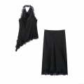 Women's Sexy Black Satin Lace Splicing Halter Top And Midi Skirt Two Piece Set Elegant Asymmetric Hem Bodycon Outfits Streetwear For Party Clubwear