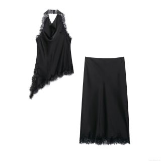 Women's Sexy Black Satin Lace Splicing Halter Top And Midi Skirt Two Piece Set Elegant Asymmetric Hem Bodycon Outfits Streetwear For Party Clubwear