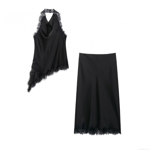 Women's Sexy Black Satin Lace Splicing Halter Top And Midi Skirt Two Piece Set Elegant Asymmetric Hem Bodycon Outfits Streetwear For Party Clubwear