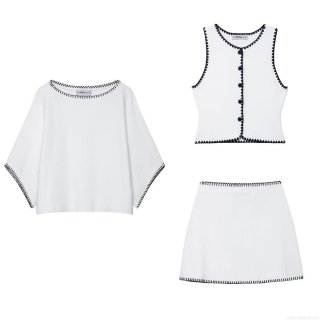 Women's Three-Piece Knit Set 100% Polyester Scalloped Trim Pullover Top Sleeveless Buttoned Vest And Mini Skirt Contrast Color Street Style Outfit