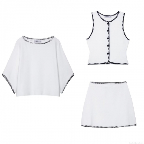 Women's Three-Piece Knit Set 100% Polyester Scalloped Trim Pullover Top Sleeveless Buttoned Vest And Mini Skirt Contrast Color Street Style Outfit