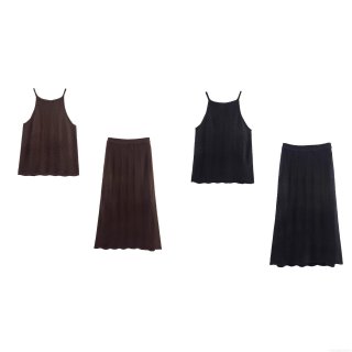 Women's 2-Piece Knit Set Sexy Wavy Texture Cami Crop Top and High Waist Midi Skirt Outfits Elegant Streetwear Casual Vacation Suit