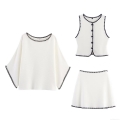 Women's 3 Piece Knitted Set Contrast Scalloped Edge Embroidery Batwing Sleeve Sweater Single Breasted Vest And A-Line Mini Skirt Autumn Casual Streetwear Suit For Women