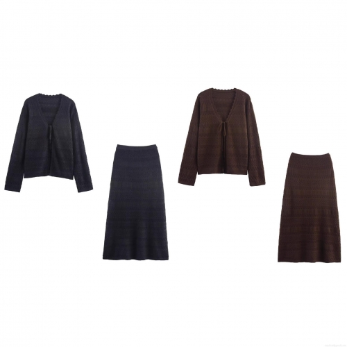 Women's Two Piece Polyester Knit Set Crochet Hollow Out Long Sleeve V Neck Tie Cardigan And Knit Midi Skirt Outfits Elegant Retro Autumn Streetwear