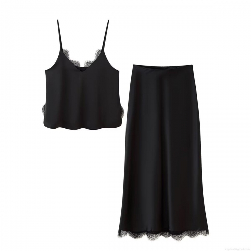 Women Sexy Black Lace Trim Satin Camisole Top And Midi Skirt Two Piece Set Elegant V Neck Sleeveless Backless Streetwear Summer Dating Outfits