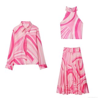 Women's 3-Piece Skirt Set Pink Abstract Swirl Print Long Sleeve Shirt Halter Backless Tank Top And High Waist Maxi Skirt Western Street Style Vacation Party Outfits