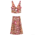 Bohemian Paisley Print Two Piece Set Women V Neck Tie Knot Crop Top And Button Down A Line Midi Skirt Summer Vacation Beach Wear Outfit