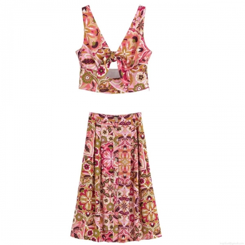 Bohemian Paisley Print Two Piece Set Women V Neck Tie Knot Crop Top And Button Down A Line Midi Skirt Summer Vacation Beach Wear Outfit