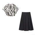 Women's Two Piece Set Zebra Print Batwing Sleeve Zipper Top and High Waist Black Pleated Midi Skirt Casual Streetwear Outfits Fall