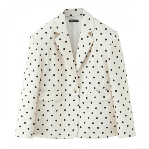 Women Polka Dot Blazer and Irregular Skirt Set Polyester Long Sleeve Notched Lapel Jacket With 3D Flower Decoration Skirt Casual Streetwear Party Two Piece Outfit