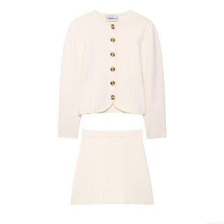 Women's 2-Piece Knitted Skirt Set Long Sleeve Cardigan And A-Line Mini Skirt Solid Color Cream White Casual Streetwear Outfit For Autumn Winter