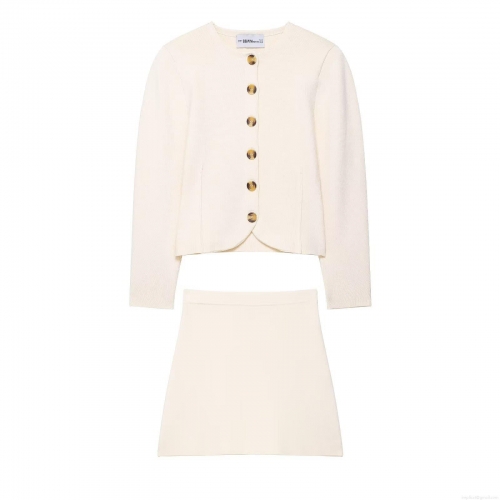 Women's 2-Piece Knitted Skirt Set Long Sleeve Cardigan And A-Line Mini Skirt Solid Color Cream White Casual Streetwear Outfit For Autumn Winter