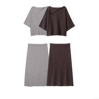 Women's Knitted Two-Piece Skirt Set 100% Polyester Knit Asymmetric Neck Batwing Sleeve Top and A-Line Midi Skirt Minimalist Autumn Winter Outfit