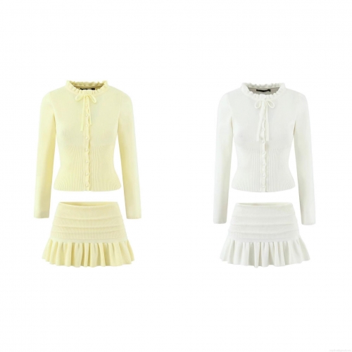Women Knit Two Piece Skirt Set Ruffle Collar Bow Tie Cardigan Jacket And Bodycon Pleated Mini Skirt Suit Long Sleeve Slim Fit Autumn Outfits