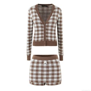 Vintage Plaid Knit Cardigan And Skirt Two Piece Set Women V-neck Single Breasted Long Sleeve Sweater Top And High Waist Bodycon Skirt With Bow Decoration Brown White Checkered Outfits Autumn Winter Fashion