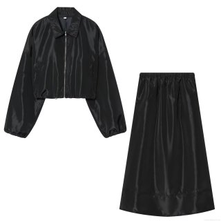 Women Satin Skirt Two-Piece Set Lapel Zip Up Short Jacket and High Waist A-Line Skirt Elegant Streetwear Autumn Outfits