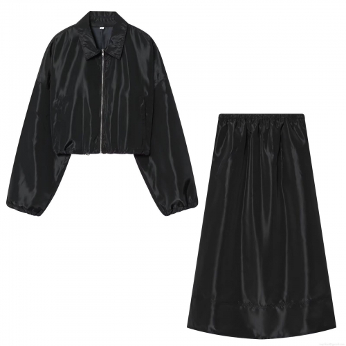Women Satin Skirt Two-Piece Set Lapel Zip Up Short Jacket and High Waist A-Line Skirt Elegant Streetwear Autumn Outfits