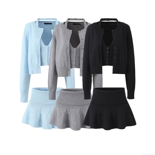 Women's 3-Piece Knit Set Ribbed Long Sleeve Button Cardigan Halter Neck Crop Top And High Waist Mini Pleated Skirt Solid Color Casual Streetwear Autumn Outfits