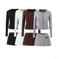 Women's Knitted 2-Piece Set Long Sleeve Single Breasted Cardigan Top And Pleated Mini Skirt With Belt Buckle Solid Color Western Style Autumn Winter Outfits