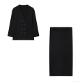 Women's Autumn Knit Two Piece Set Double Breasted Cardigan Jacket And High Waist Bodycon Pencil Skirt Elegant Office Lady Streetwear Solid Black Outfits