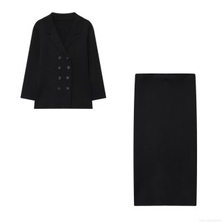 Women's Autumn Knit Two Piece Set Double Breasted Cardigan Jacket And High Waist Bodycon Pencil Skirt Elegant Office Lady Streetwear Solid Black Outfits