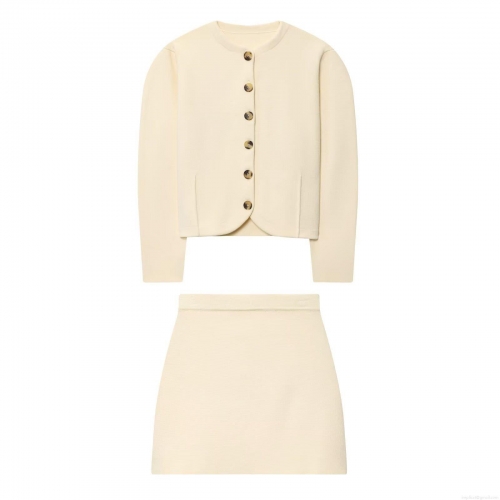 Women's Elegant Knitted Two Piece Set Round Neck Single Breasted Cardigan and High Waist Mini Skirt Solid Color Polyester Cotton Knitwear for Autumn