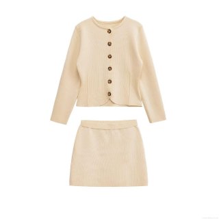 Women's Knitted Two Piece Skirt Set Long Sleeve Single Breasted Ribbed Cardigan And A-Line Mini Skirt Casual Streetwear Autumn Outfit Apricot Beige