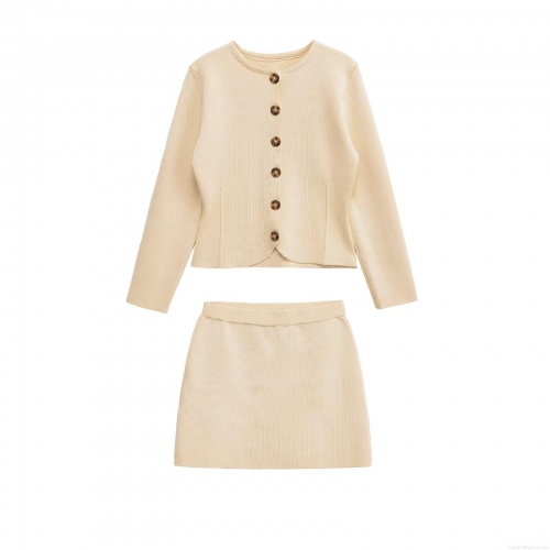 Women's Knitted Two Piece Skirt Set Long Sleeve Single Breasted Ribbed Cardigan And A-Line Mini Skirt Casual Streetwear Autumn Outfit Apricot Beige