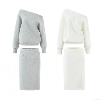 Women's Two-Piece Outfit Sets Slant Shoulder Long Sleeve Sweatshirt And High Waist Midi Pencil Skirt Cotton Blend Solid Color Casual Streetwear Loungewear For Women