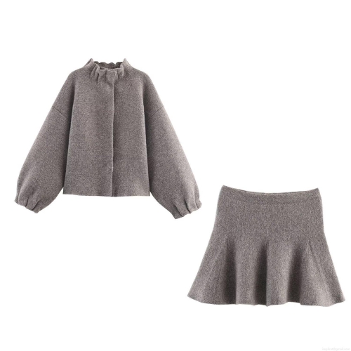 Women's Elegant Knitted Two Piece Skirt Set Autumn Winter Ruffled High Neck Lantern Sleeve Jacket and A-Line Mini Skirt Solid Color Polyester Streetwear Outfit Suit