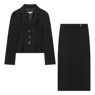 Women Professional Office Suit Set Polyester Puff Sleeve Cropped Blazer and High Waist Slit Midi Skirt 2 Piece Streetwear Outfits