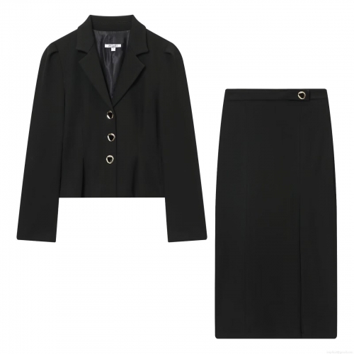 Women Professional Office Suit Set Polyester Puff Sleeve Cropped Blazer and High Waist Slit Midi Skirt 2 Piece Streetwear Outfits
