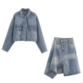 Women's Vintage Distressed Denim Jacket And Irregular Skirt Set Cotton Blend Long Sleeve Short Jacket With Frayed Hem Asymmetric Hem Two-Piece Suit Streetwear Outfits