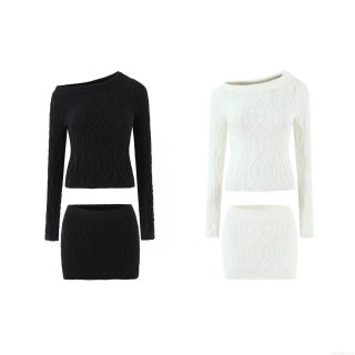 Women's Two Piece Cable Knit Skirt Set Off Shoulder Long Sleeve Top And Bodycon Mini Skirt Suit Elegant Western Style Streetwear Outfit